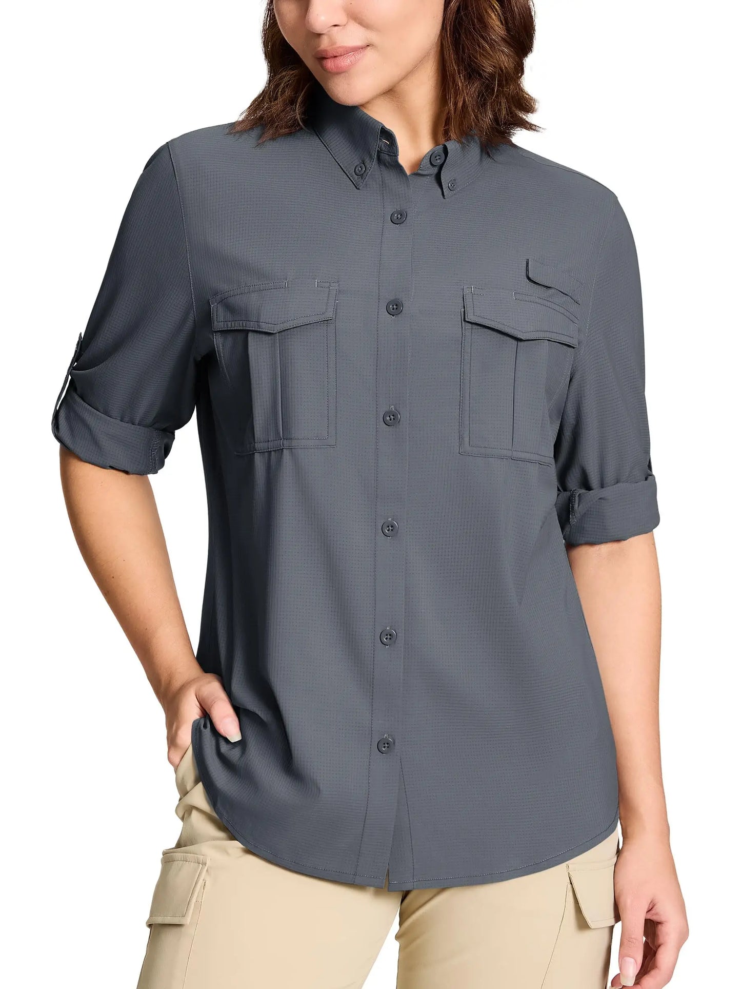 TACVASEN Quick Dry Hiking Fishing Blouse Womens Long Sleeve Button Down Outdoor Camping Shirts Breathable Sun Protection Tops