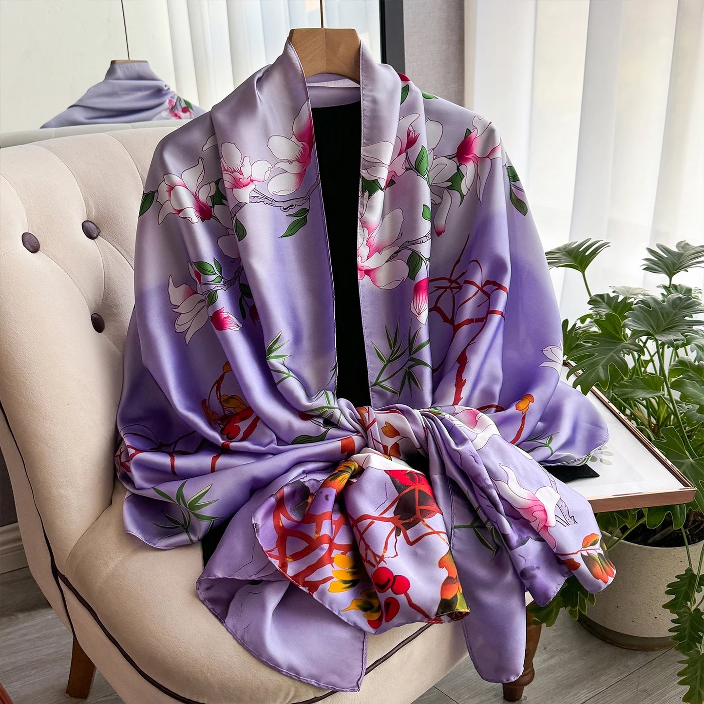 90*180cm Fashion Luxury Silk Scarf Women flowers Soft Smooth Scarves Wrap Hijab Outdoors Muffler Long Shawl Beach sun protection