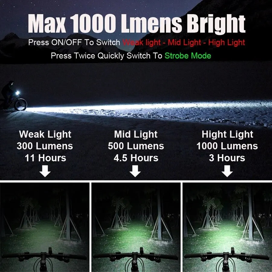 NEWBOLER 1000 Lumen Flashlight For Bicycle USB Bike Front Rear Light Set Rainproof MTB Headlight 4800mAh Cycling Lamp Accessory