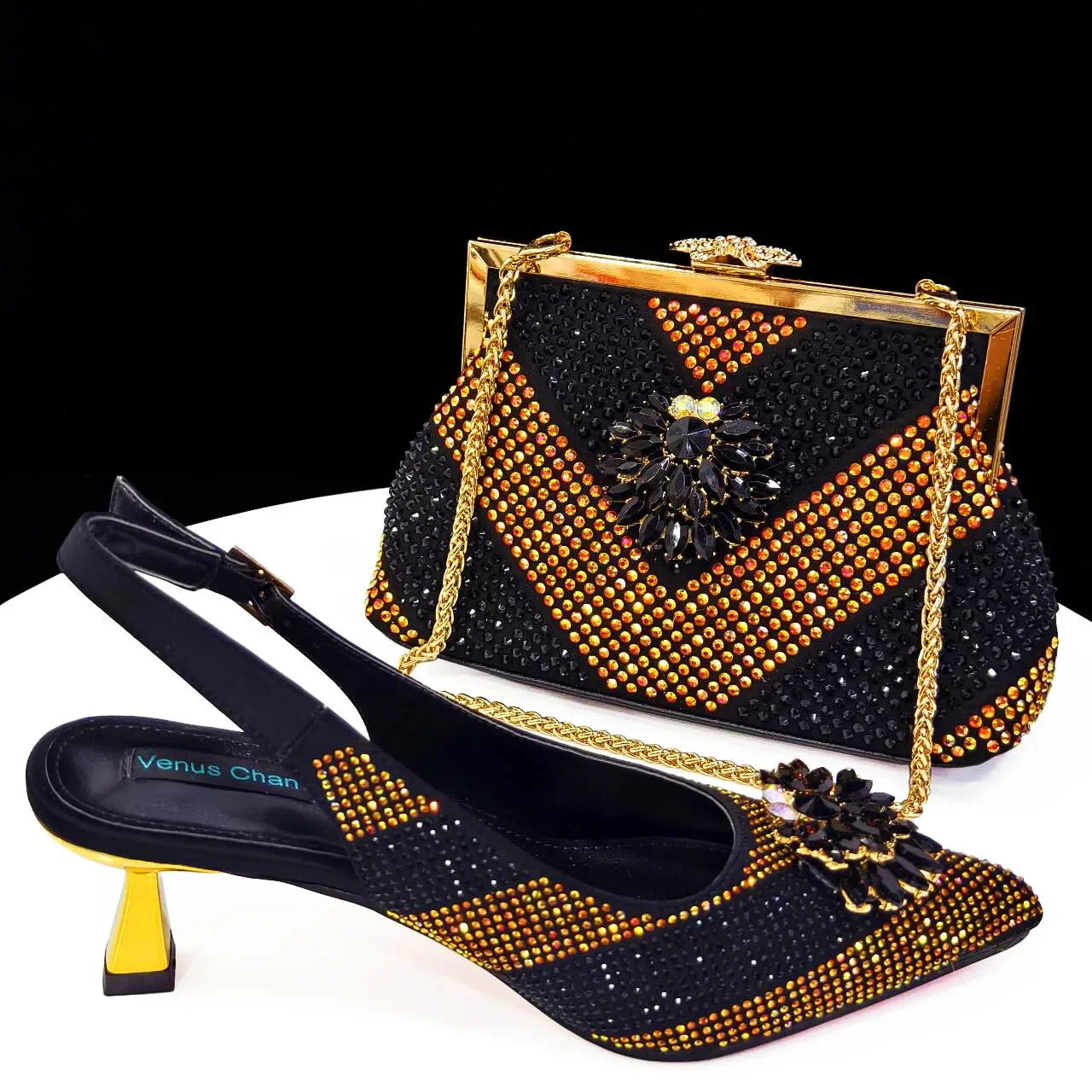 Venus Chan 2024 Green Rhinestone High Heels Pointed Toe Mixed Color Sexy Ladies Shoes With Clutch Bag Set For Luxury Party