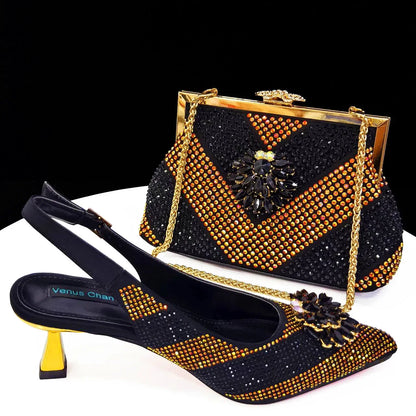 Venus Chan 2024 Green Rhinestone High Heels Pointed Toe Mixed Color Sexy Ladies Shoes With Clutch Bag Set For Luxury Party