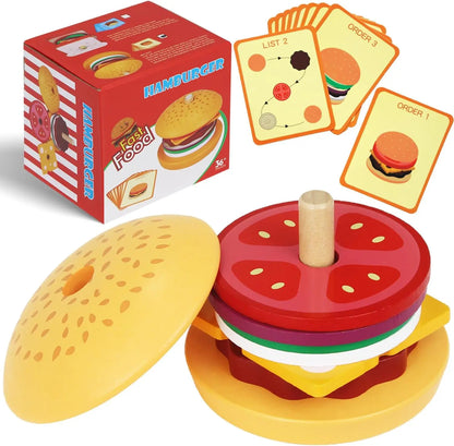 Wooden Burger Sandwich Stacking Toys For Toddler Kids Preschool Learning Educational Toys Pretend Play Food Kitchen Toys Gift
