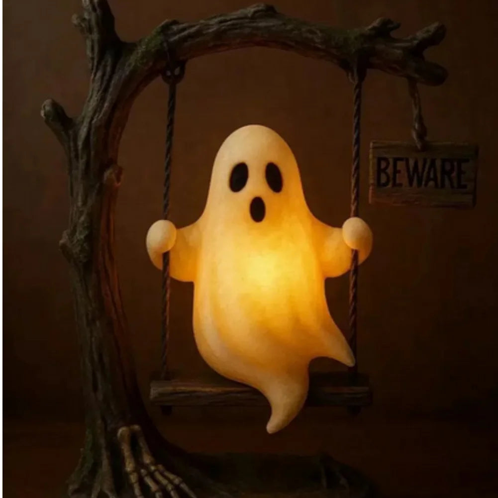 Halloween Cute Ghost Lamp Battery Powered Light Up Halloween Ornament Lovely Ghost Figurine Light for Bedroom Study Room Reader