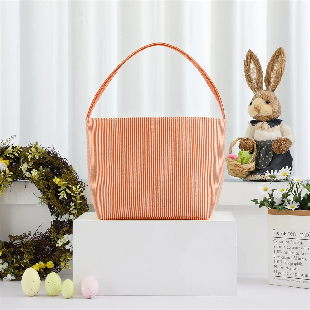 Seersucker Easter Basket Halloween Stripped Bucket Kids Boys Girls Egg Hunt Carrying Gift Tote Bag Toys Party Decoration