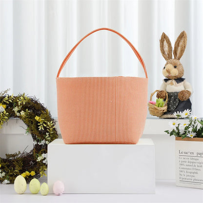 Seersucker Easter Basket Halloween Stripped Bucket Kids Boys Girls Egg Hunt Carrying Gift Tote Bag Toys Party Decoration