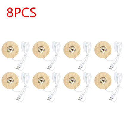 10-1PCS Handmade LED Wood Display Base USB Round Wooden Night Lamp Base Bedroom Resin Ornament Stand DIY Night Light
