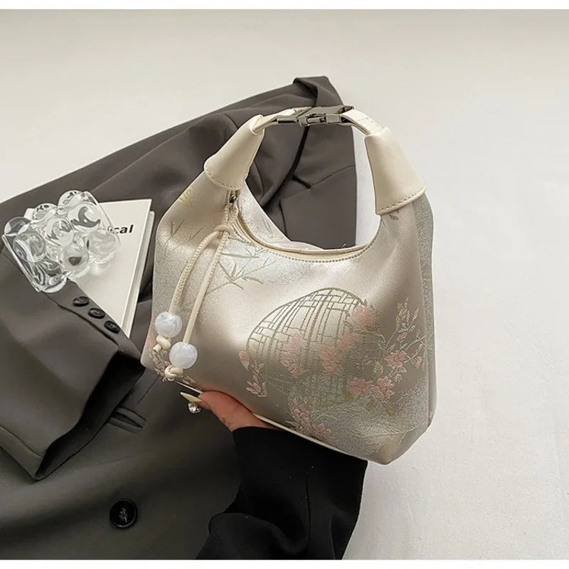 4 Colors Embroidered Chinese Style Handbag Zipper Canvas Pea Purses Adjustable Luxury Cheongsam Bag Work