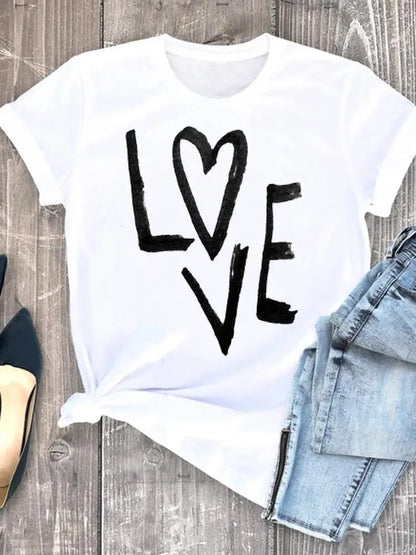 Summer Clothing leopard love heart sweet Fashion Women Tee T-shirts Casual Short Sleeve Regular Female Graphic T Shirt Clothes