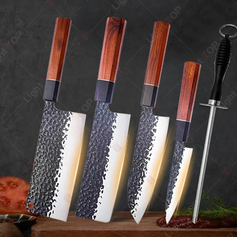 1-5pcs Japanese Chef Knife Hand-forged Kitchen Knife Sharpening Rod High Carbon Steel Boning Knife Santoku Knife and Accessories