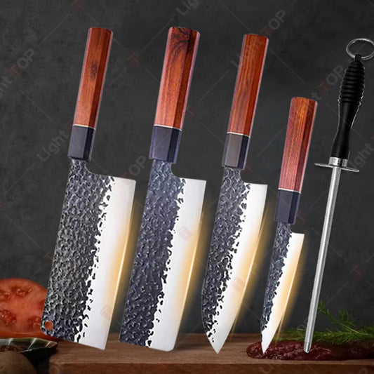 1-5pcs Japanese Chef Knife Hand-forged Kitchen Knife Sharpening Rod High Carbon Steel Boning Knife Santoku Knife and Accessories