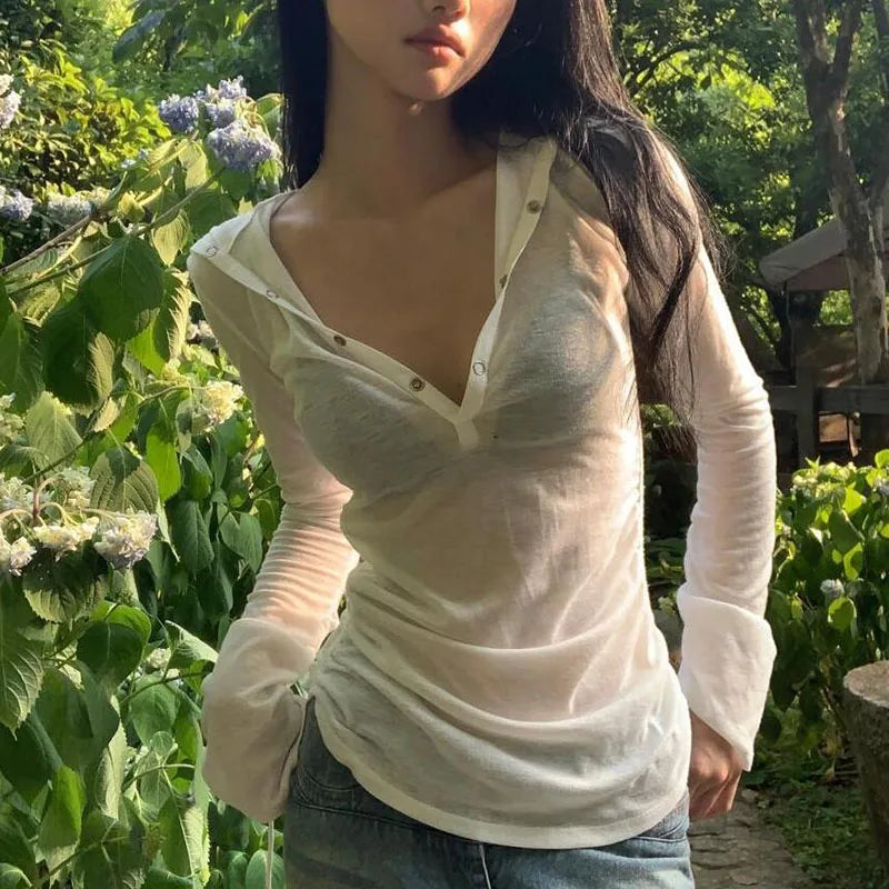 Sexy See Through Hooded Tops Women Casual Long Sleeve Thin Long Sleeve T-Shirt Female Streetwear Y2K Sun Protection White Tees