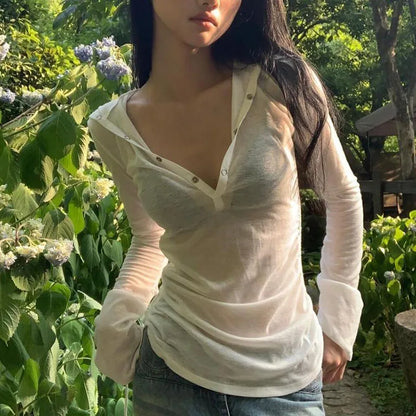 Sexy See Through Hooded Tops Women Casual Long Sleeve Thin Long Sleeve T-Shirt Female Streetwear Y2K Sun Protection White Tees