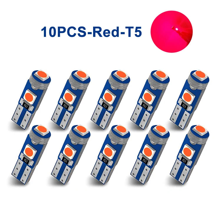 10pcs T5 Led Bulb 3SMD 3030 Chips Super Bright Car Board Instrument Panel Lamp Auto Dashboard Warming Indicator Wedge Light 12V