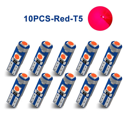 10pcs T5 Led Bulb 3SMD 3030 Chips Super Bright Car Board Instrument Panel Lamp Auto Dashboard Warming Indicator Wedge Light 12V