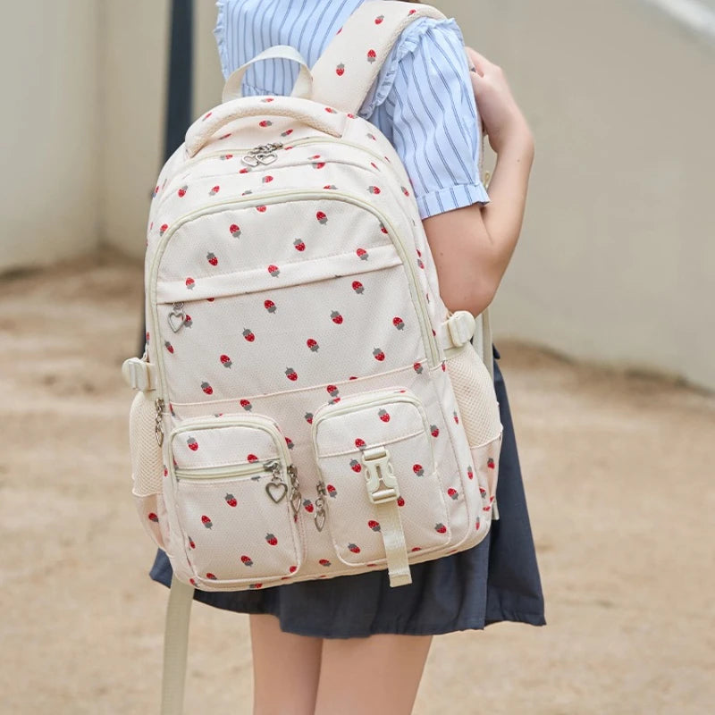 Waterproof Schoolbag Strawberry Print Large Capacity Backpack Shoulder Bag Bookbags Nylon Travel Student Daily Zipper School Bag