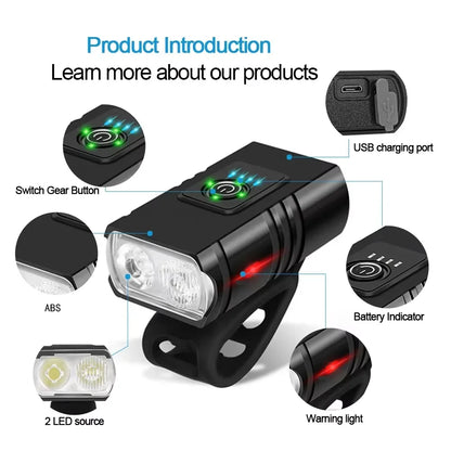 USB Rechargeable T6 LED Bike Light 6 Modes Front MTB Bicycle Headlight Flashlight Cycling Lamp for Night Riding Safety