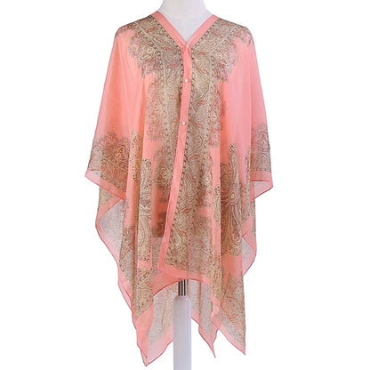 Sun Protection Shawl for Women, Cashew Flower Chiffon Silk Scarf, Versatile Slit Beach Towel, Pearl Scarf
