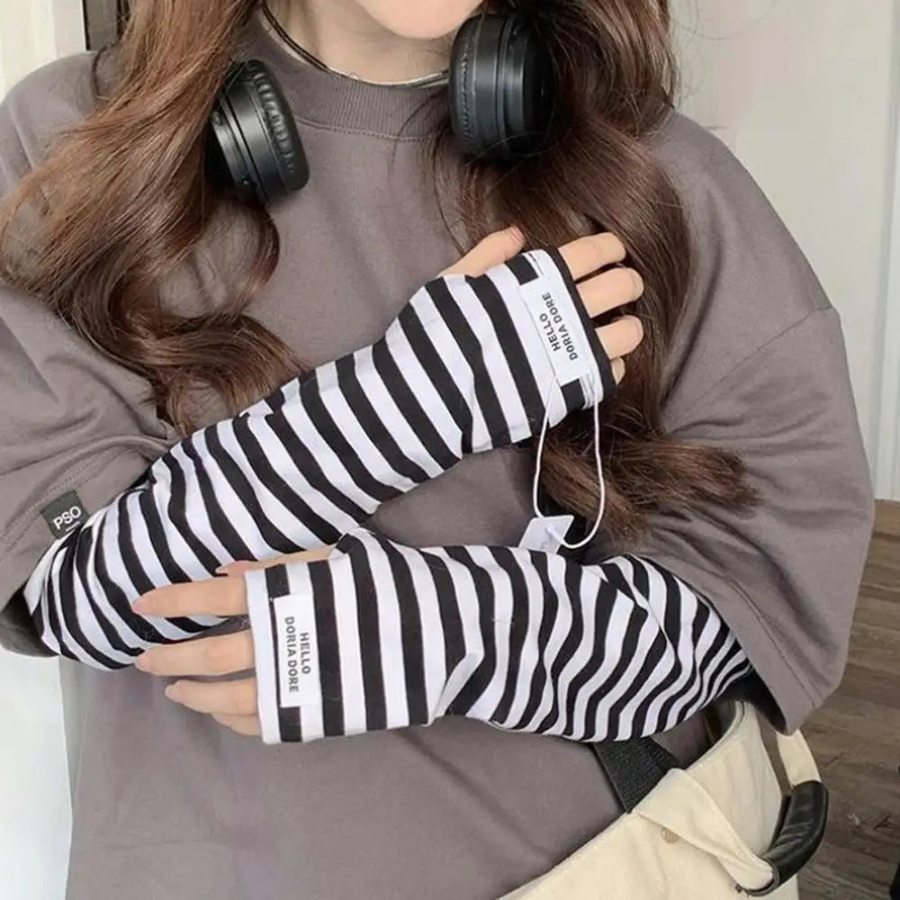 1 Pair Dual-Color Striped Sun Protection Arm Sleeves Loose Summer Outdoor Protector Solar Sleeves Women Ice Sleeve Arm Protector