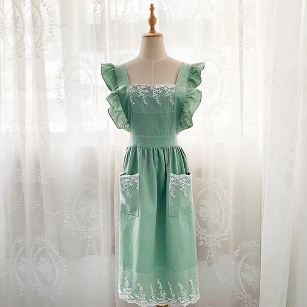 Washed Cotton Linen Lace Aprons Cooking Kitchen Aprons Flower Shop Garden Ruffles Work Clean Apron for Woman Overalls Dress