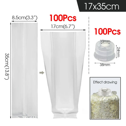 50/100PCS Mushroom Spawn Grow Bag with Sealing Cotton Filter Cap Heat-resistance Plastic Planter Bags Bamboo Fungus  Ganoderma