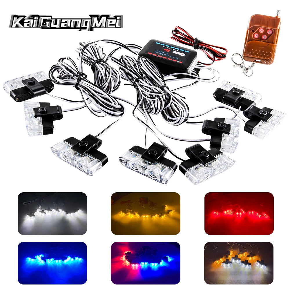 1 Tow 8 LED Police Lights For Car 12V Wireless Remote Flashing Emergency Warning Lamp 2LED Truck Trailer Strobe Grilles Light