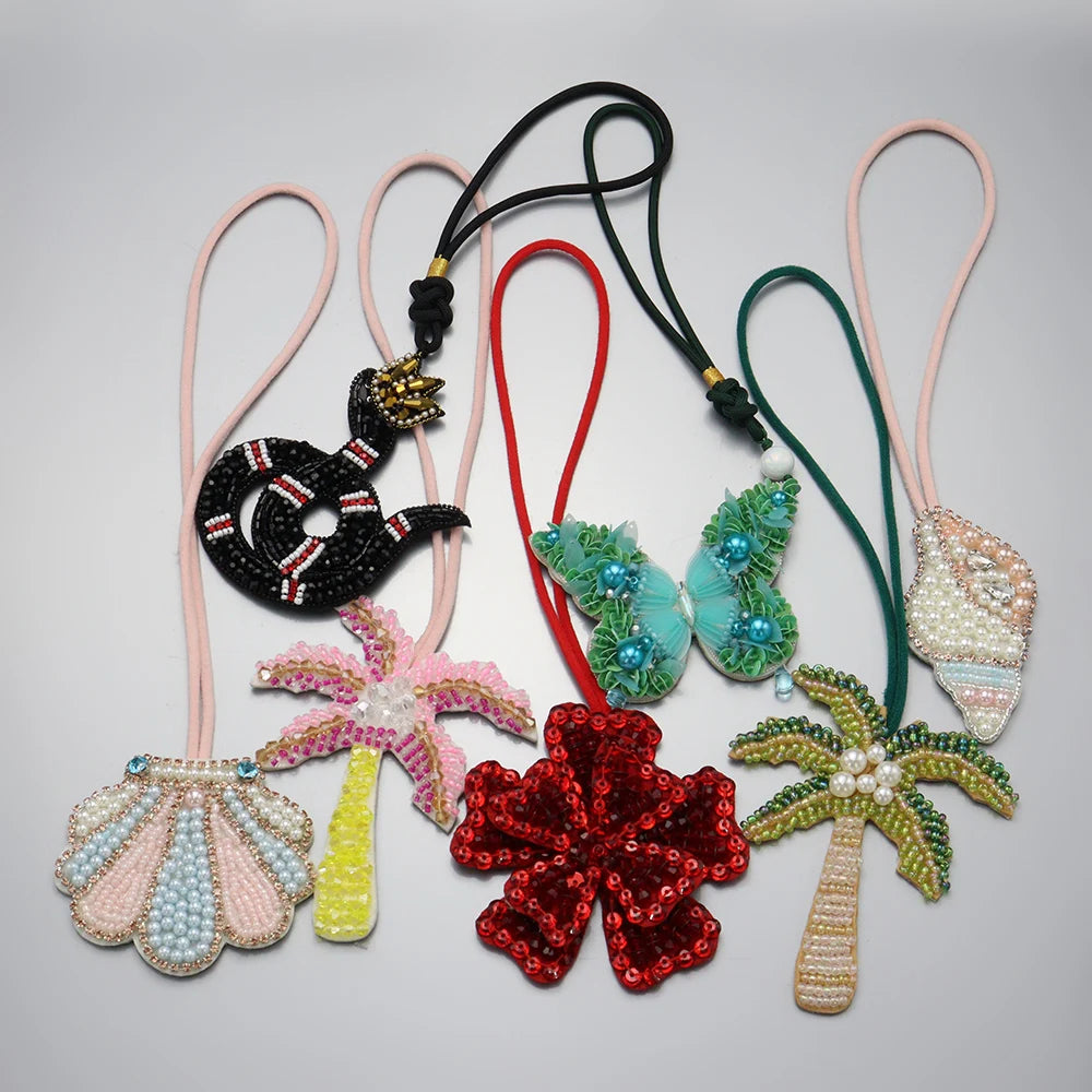 3D Handmade Rhinestone Beaded Coconut tree, butterfly hanging rope Patches Crystal Bag lanyard Patch beading Applique Patch