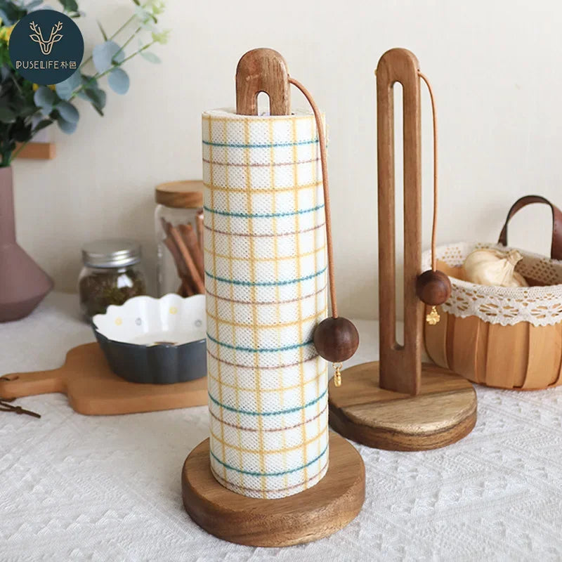 Solid Wood Paper Towel Holder Kitchen Punch-Roll Paper Storage Rack Lazy Rag Plastic Wrap Bag Storage Rack Kitchen Accessories