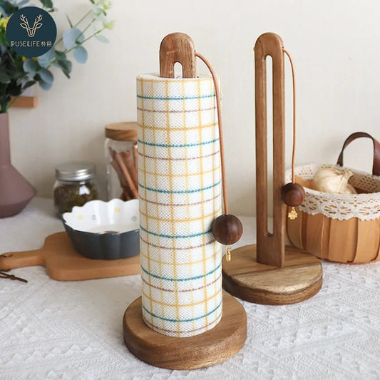 Solid Wood Paper Towel Holder Kitchen Punch-Roll Paper Storage Rack Lazy Rag Plastic Wrap Bag Storage Rack Kitchen Accessories