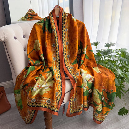 90*180cm Fashion Luxury Silk Scarf Women flowers Soft Smooth Scarves Wrap Hijab Outdoors Muffler Long Shawl Beach sun protection