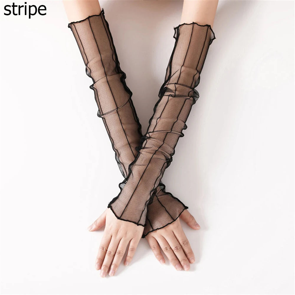 Summer Fashion Lady Gauze Sun Protection Sleeves Gloves Women Thin Long Fingerless Arm Warmers Sunscreen UV Breathable Mittens