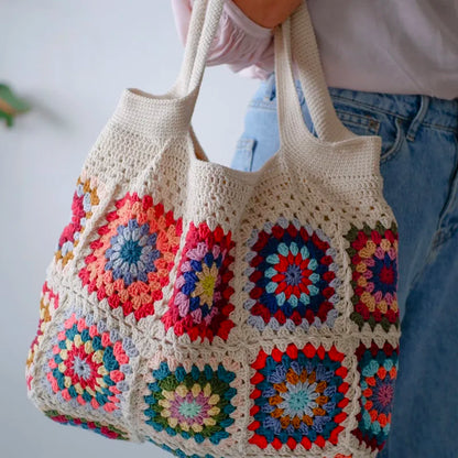 Vintage Crochet Granny Shoulder Tote Bag Women Boho Chic Hippie Handbags Knitted Handmade Woven Big Shopper Purses Cute