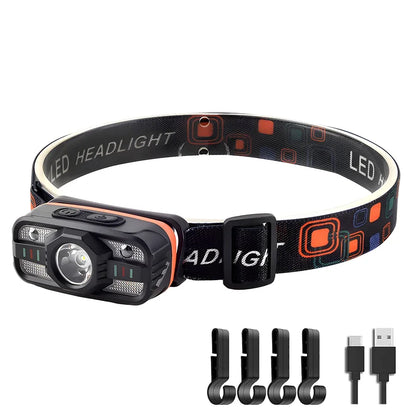 Smart IR Motion Sensor Headlamp Type-C USB Rechargeable Headlight Warning Light Waterproof Head Lamp Induction Head Flashlight