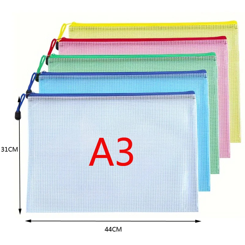 5pcs Transparent Zipper Storage Bag A3 A4 5 Plastic Mesh Waterproof Storage for Files Toys Stationery for Office Home Travel Use