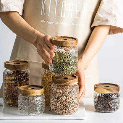 Wood Lid Glass Airtight Canister Kitchen Storage Bottles Jars Food Container Grains Tea Coffee Beans Grains Candy Jar Containers