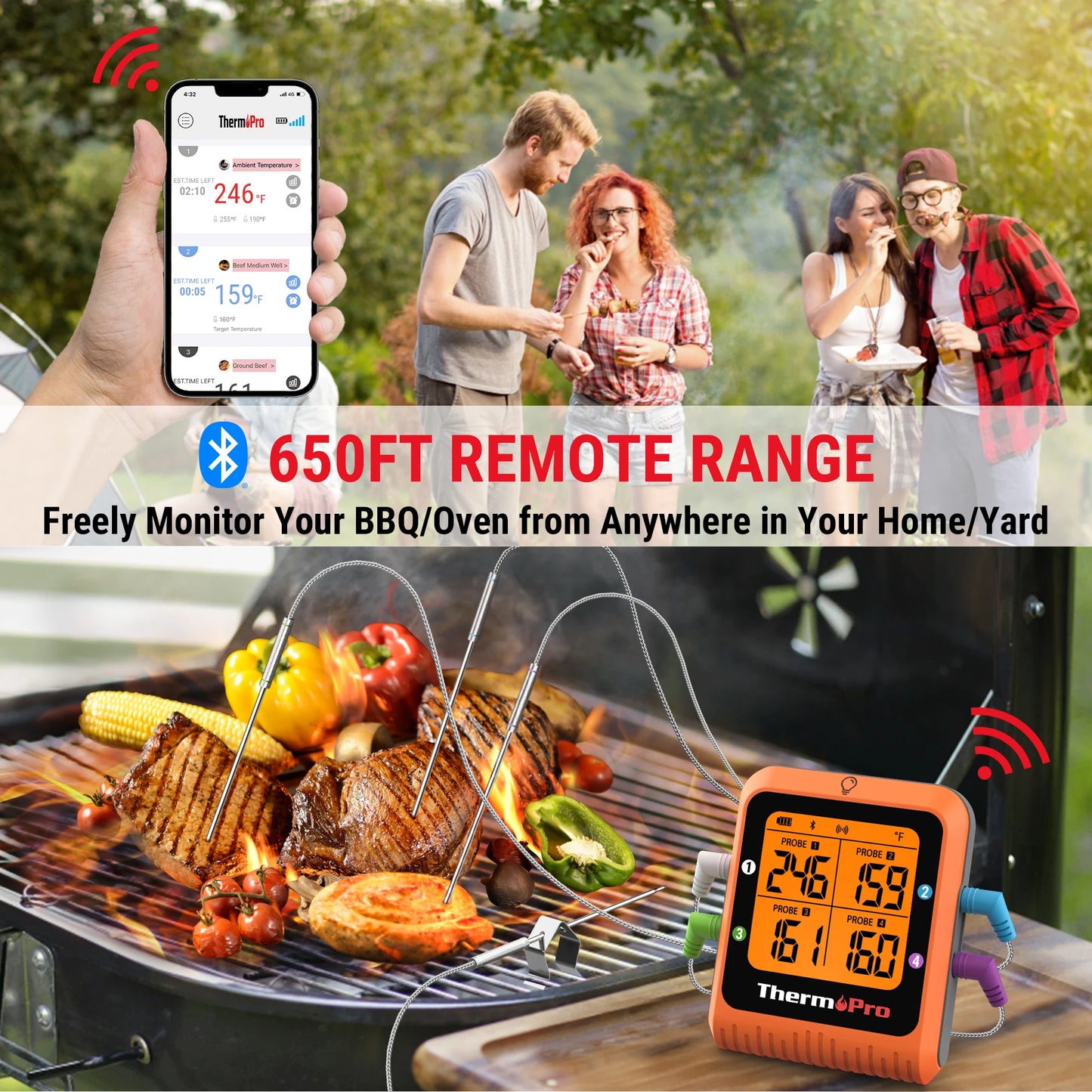 ThermoPro TP930 Wireless 200M Bluetooth-connected Phone APP 4 Probes Backlight Digital Oven Meat Thermometer For Kitchen Cooking