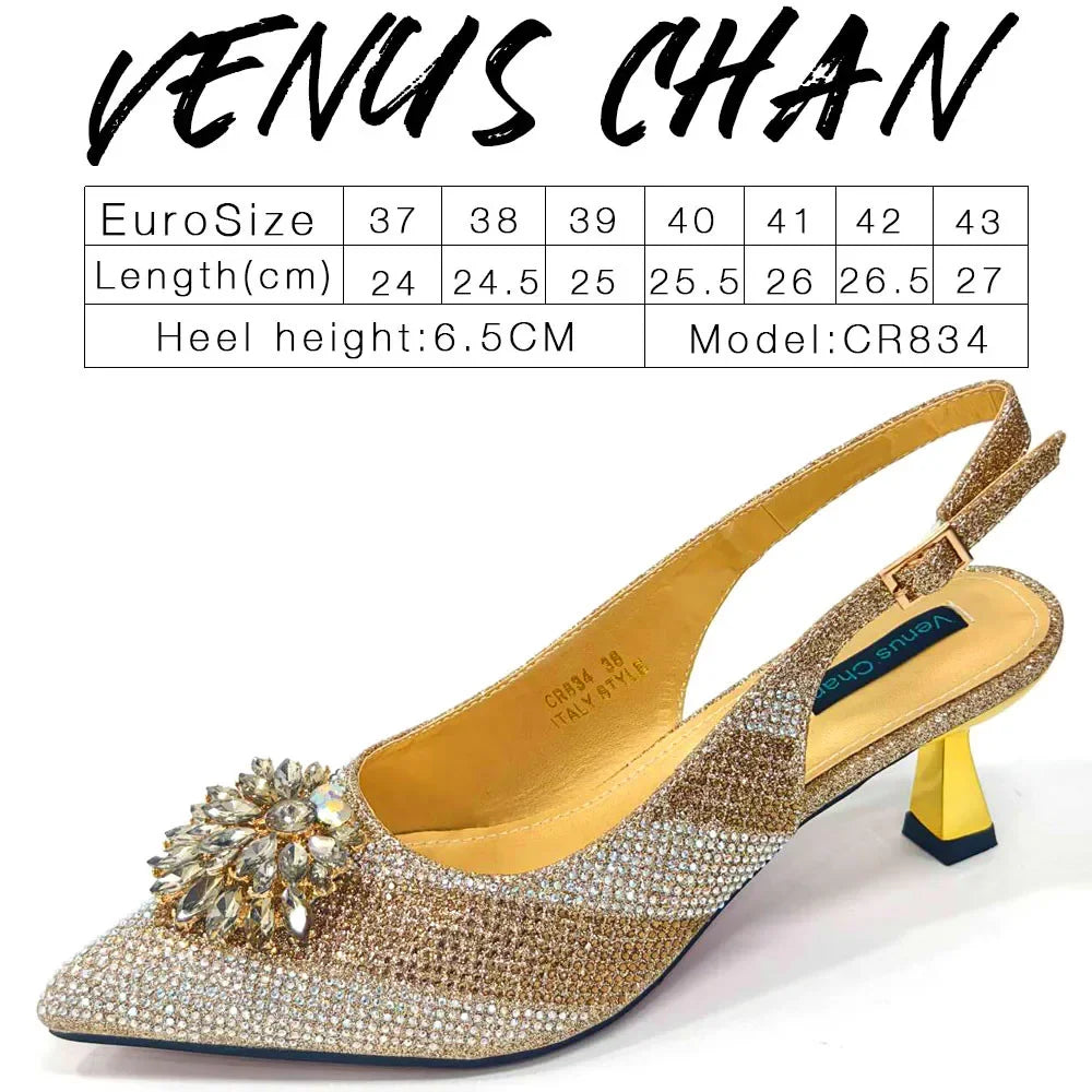 Venus Chan 2024 Green Rhinestone High Heels Pointed Toe Mixed Color Sexy Ladies Shoes With Clutch Bag Set For Luxury Party