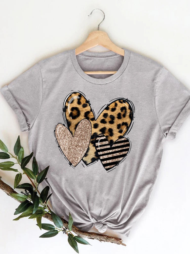 Summer Clothing leopard love heart sweet Fashion Women Tee T-shirts Casual Short Sleeve Regular Female Graphic T Shirt Clothes