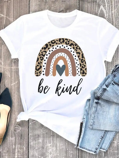 Summer Clothing leopard love heart sweet Fashion Women Tee T-shirts Casual Short Sleeve Regular Female Graphic T Shirt Clothes