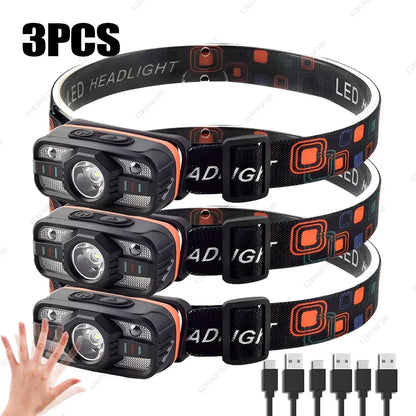 Smart IR Motion Sensor Headlamp Type-C USB Rechargeable Headlight Warning Light Waterproof Head Lamp Induction Head Flashlight