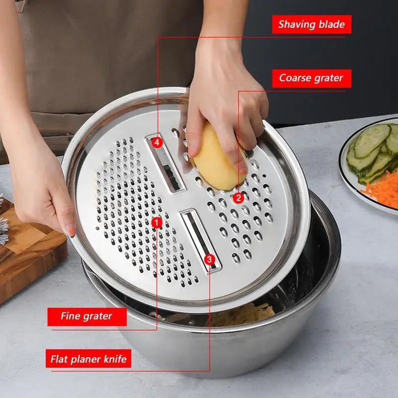 Stainless Steel Vegetable Slicer Grater 3in1 Colanders Basin Grater Bowl Drain Basket Kitchen Household Thickened Drainage Basin