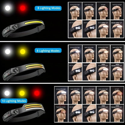 1 LED+COB USB Rechargeable Headlight, Motion Sensor Headlight, Suitable for Running, Fishing, Camping, Hiking, Emergency Lights