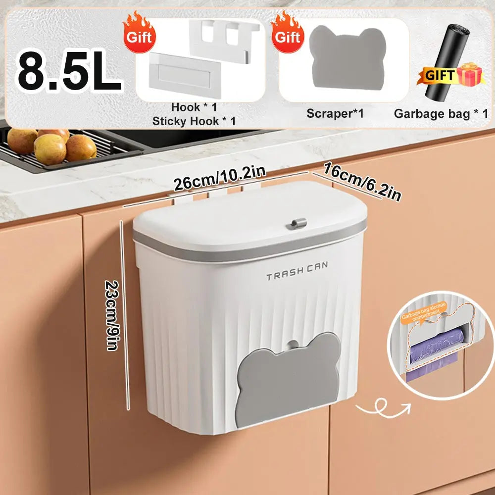 8.5/12L Hanging Trash Can For Kitchen Cabinet Door Wall Mounted Bathroom Wastebasket Toilet Trash Bin with Lid Garbage bag