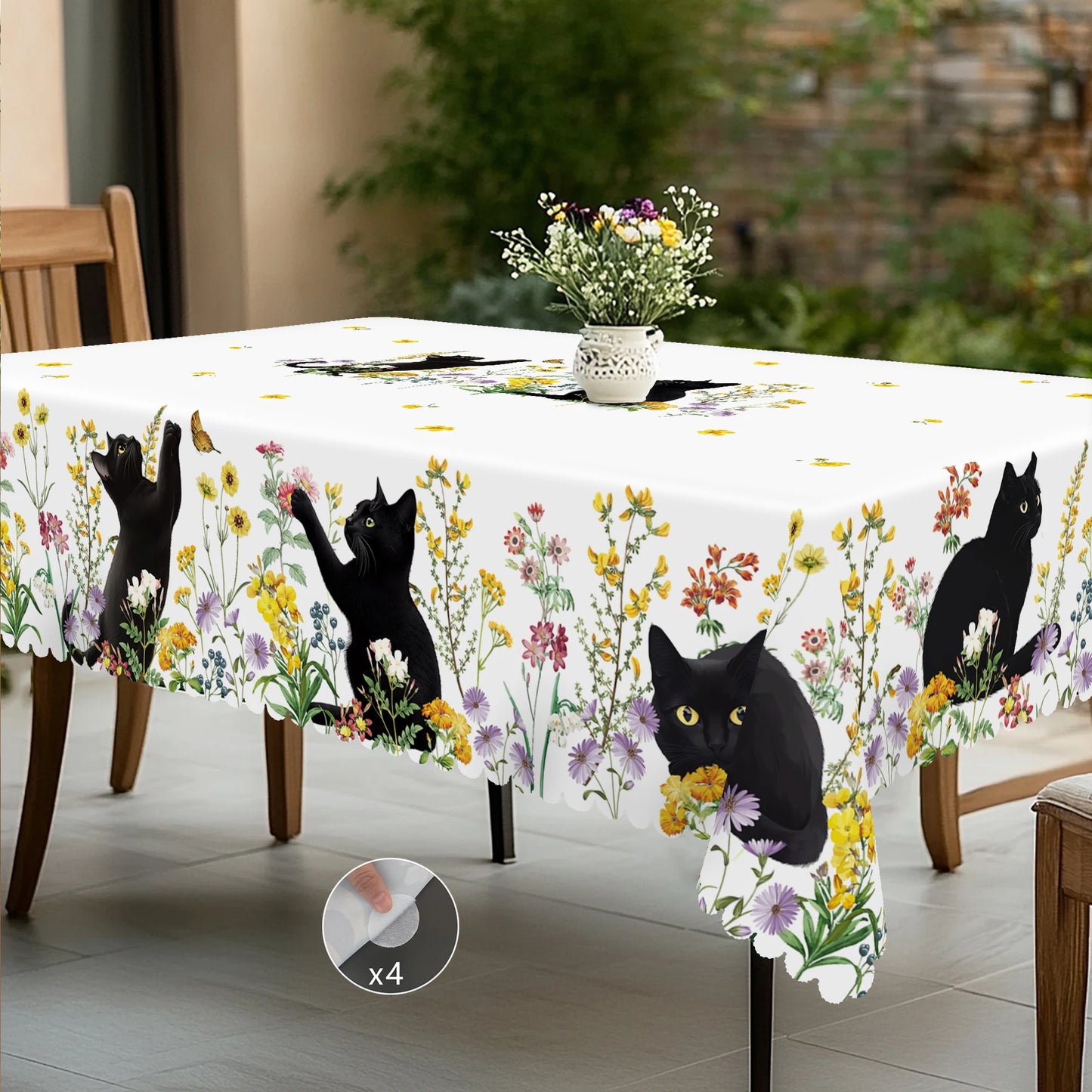 1 Piece of Kitten Themed Printed Tablecloth, Country Farmhouse Style, Black Kitten, Flower Pattern Design, Multiple Sizes Available, Suitable for Spring and Summer, Garden Party during Holiday, Camping Style Decoration, Kitch