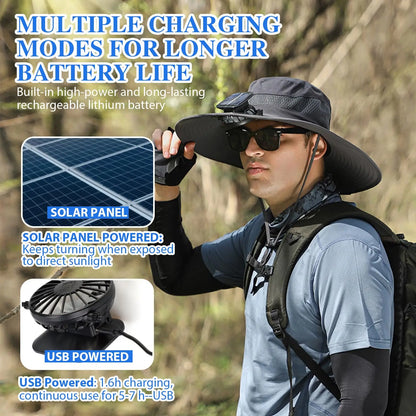 Sun Hat with 2 Solar Fan Fishing Wide Brim Fishing Hat for Outdoor Summer Camping Beach USB & Solar Powered Caps Sun Protection