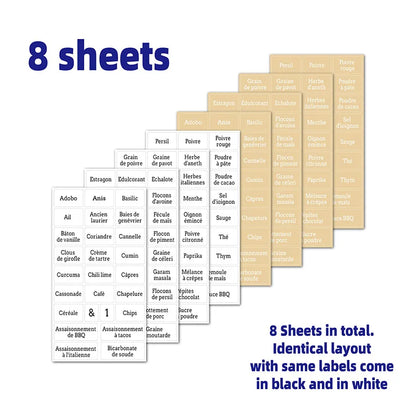8 Sheets French Spice Jar Labels English Transparent Waterproof Pantry Stickers Food Tank Condiments Marks Kitchen Storage