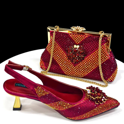 Venus Chan 2024 Green Rhinestone High Heels Pointed Toe Mixed Color Sexy Ladies Shoes With Clutch Bag Set For Luxury Party