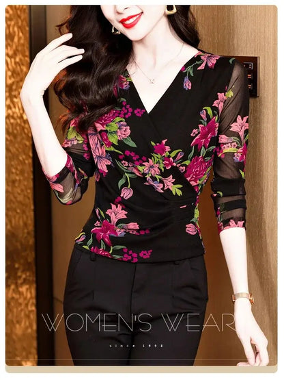 Women Long Sleeve T-Shirts Size M-3XL Printed Floral Mesh Tops Female Bottoming T Shirts Full Sleeve V-neck T-shirt