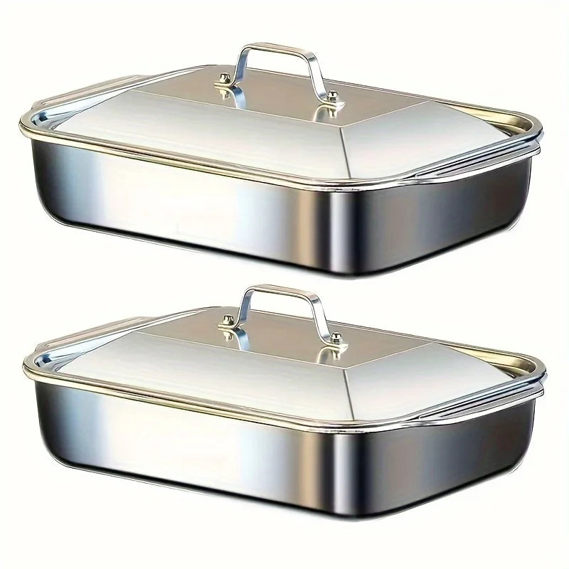 Stainless Steel Rectangular Baking Tray Food Barbecue Bakeware Fruit Bread Storage Plate with Handle Deep Pan Dish Kitchen Tools