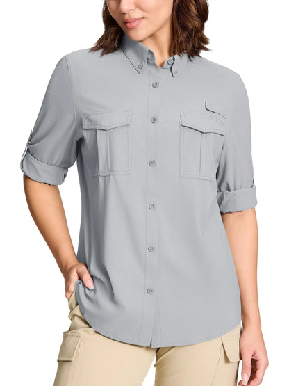 TACVASEN Quick Dry Hiking Fishing Blouse Womens Long Sleeve Button Down Outdoor Camping Shirts Breathable Sun Protection Tops