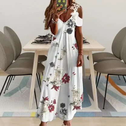 Women Floral Print Maxi Dress Boho Lace Sling Hollow Out A Line Long Dress Ladies Casual Loose V-Neck Beach Party dress Vestidos